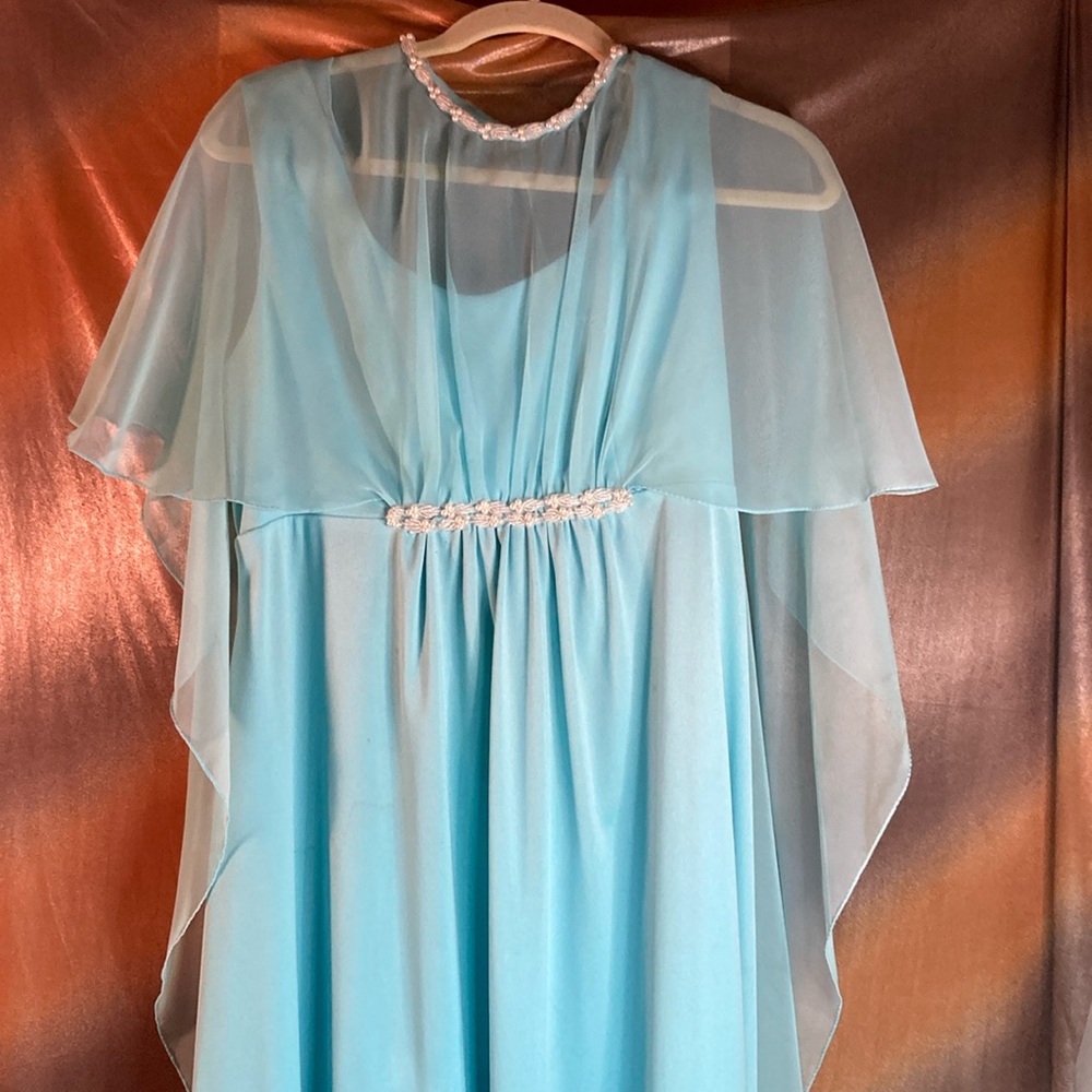Handmade 70’s long dress with chiffon caplet. Turquoise color with beading. 351
